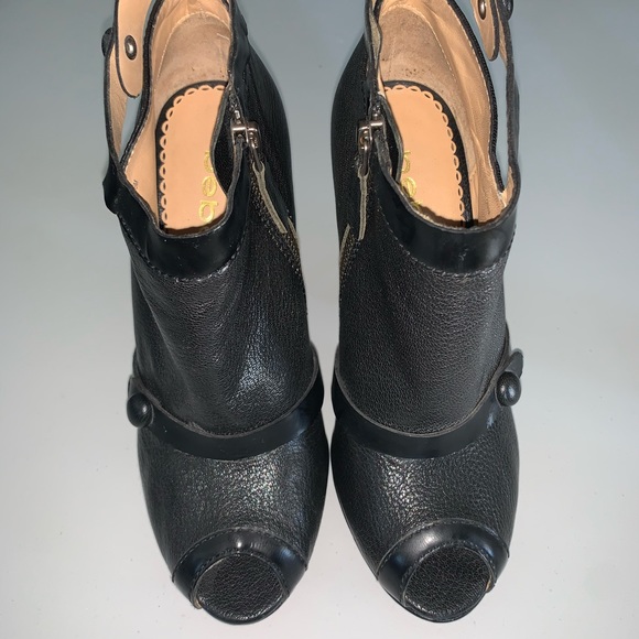 BEBE BLACK LEATHER PEEP TOE PLATFORM BOOTE - Picture 5 of 9